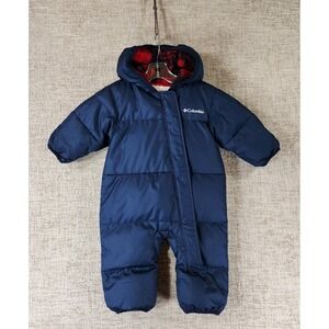 COLUMBIA Down Puffer Baby Snowsuit Snuggly 3-6 Months Fleece Lined Hood EUC